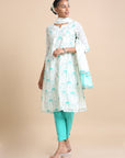 Green 3/4th sleeves Chanderi Floral print Regular fit Calf length Kurta Set - With Dupatta