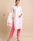 Pink 3/4th sleeves Chanderi Floral print Regular fit Calf length Kurta Set - With Dupatta