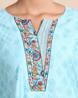 Blue 3/4th sleeves Chanderi Block print  Regular fit Calf length Kurta Set - With Dupatta