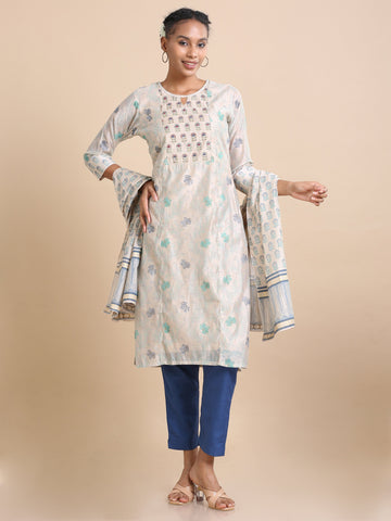 Khaki 3/4th sleeves Cotton silk Floral print Regular fit Calf length Kurta Set - With Dupatta