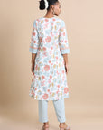 White 3/4th sleeves Cotton Floral print Regular fit Calf length Kurta Set - With Dupatta
