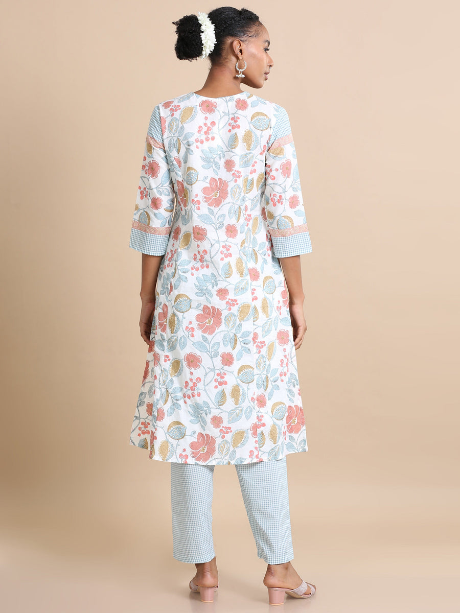 White 3/4th sleeves Cotton Floral print Regular fit Calf length Kurta Set - With Dupatta