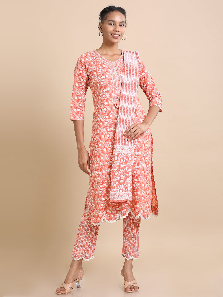 Brick 3/4th sleeves Cotton Floral print Regular fit Calf length Kurta Set - With Dupatta