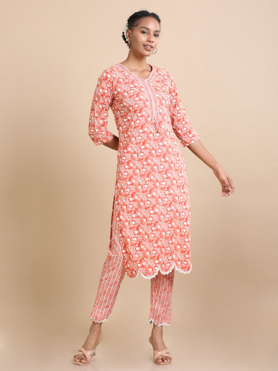 Brick 3/4th sleeves Cotton Floral print Regular fit Calf length Kurta Set - With Dupatta