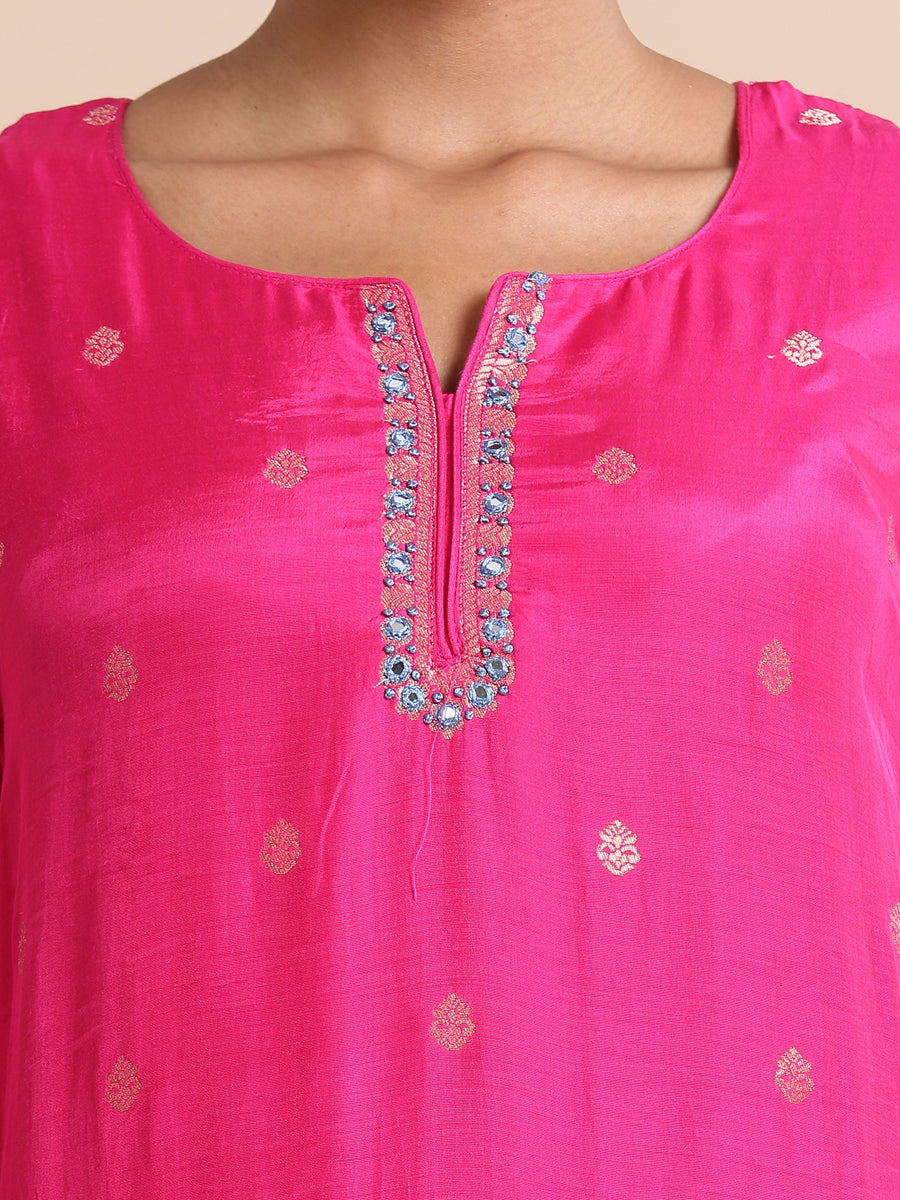 Pink 3/4th sleeves Silk Floral print Regular fit Calf length Kurta Set - With Dupatta