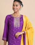 Purple Full sleeves Banaras silk Banaras Regular fit Calf length Kurta Set - With Dupatta