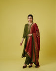 3/4th Sleeves Chanderi Banarasi Print, Mirror Work Calf Length Kurta Set - With Dupatta