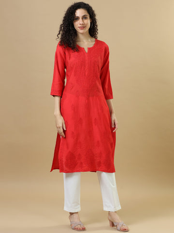 Red Full Sleeves Chanderi Chikankari Regular Fit Calf Length Kurta