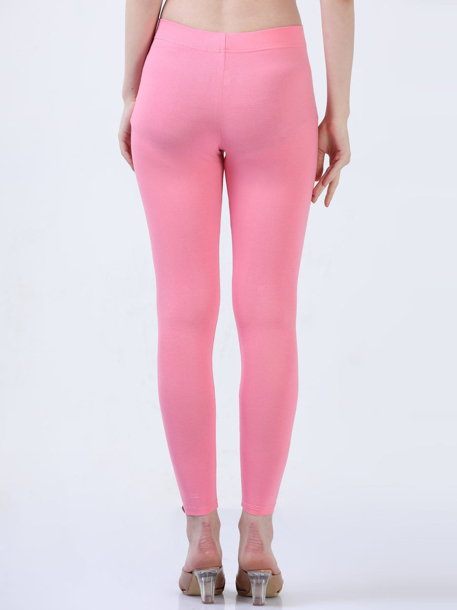 Baby Pink Solid Cotton Lycra Ankle Length Leggings