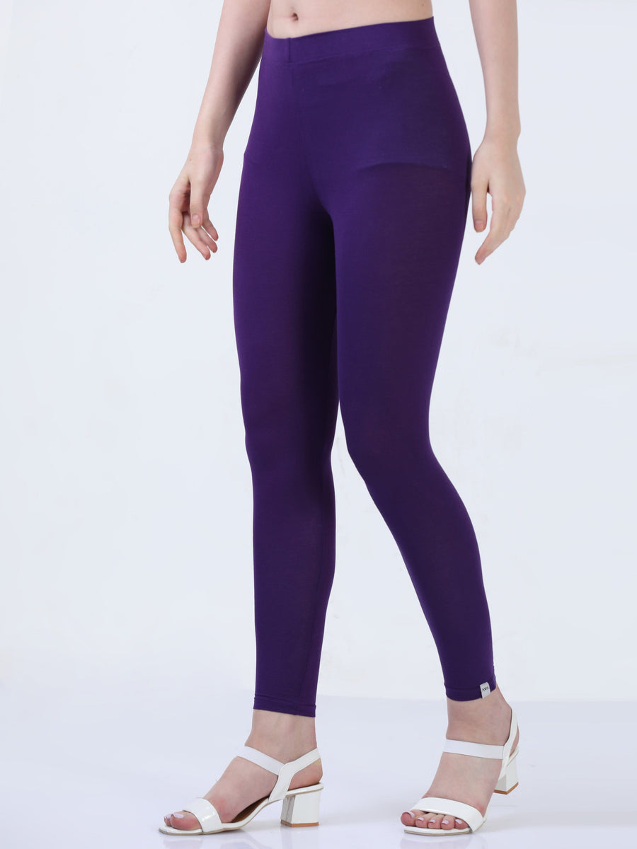 Purple Solid Cotton Lycra Ankle Length Leggings