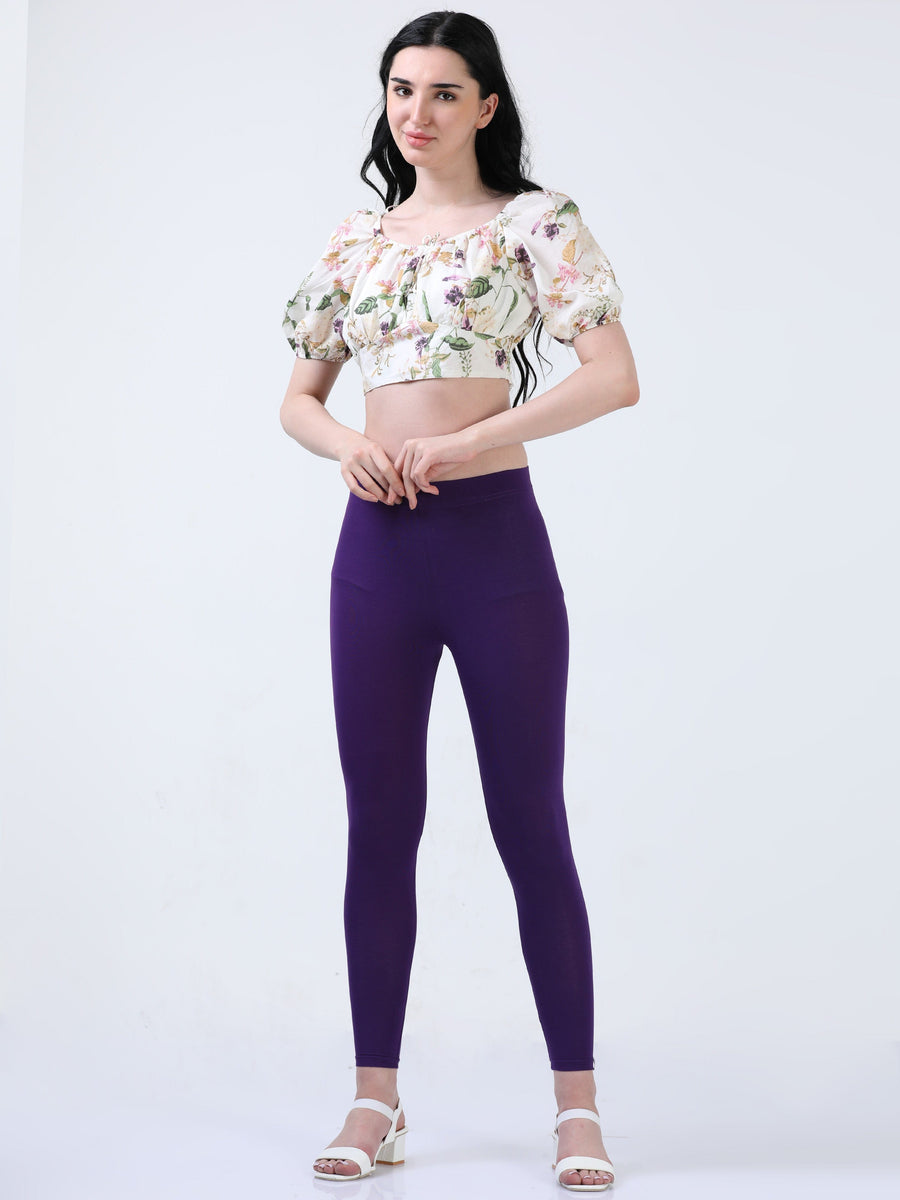 Purple Solid Cotton Lycra Ankle Length Leggings