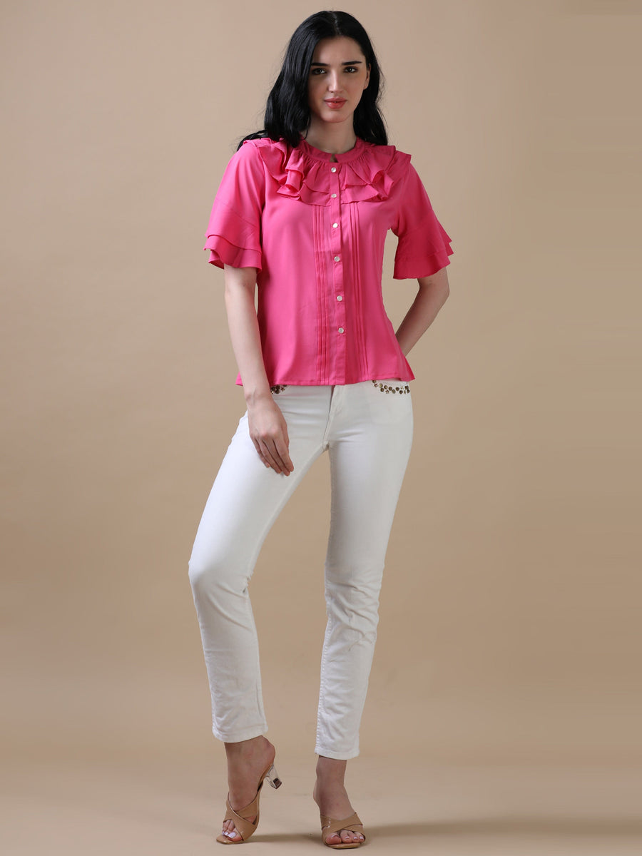 Pink Flared Sleeve Solid A-Line Top