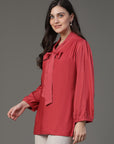 Maroon Puff Sleeve Solid A-Line Top