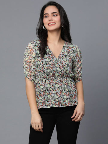 Black Floral 3/4th Sleeve Puff Top