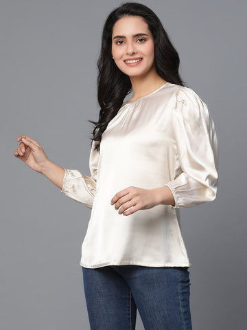 Beige Satin 3/4th Puff Sleeve Party Top