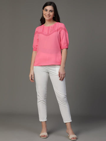 Pink Elbow Sleeve Solid Daily Wear Top