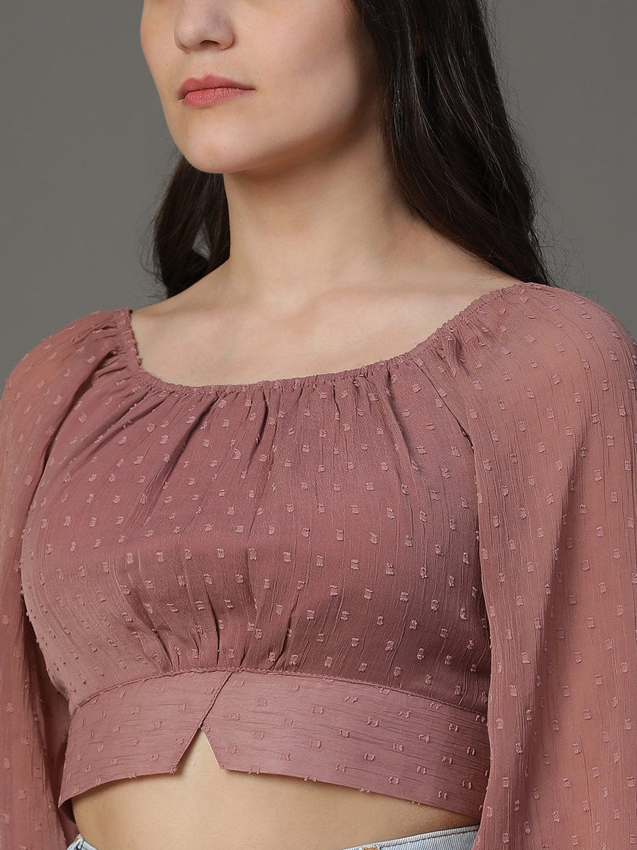 Mauve Dobby Print 3/4th Puff Sleeves Party Wear Top