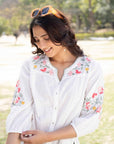 White 3/4th sleeves Cotton Floral embroidery Regular Fit Hip length Top