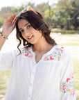 White 3/4th sleeves Cotton Floral embroidery Regular Fit Hip length Top