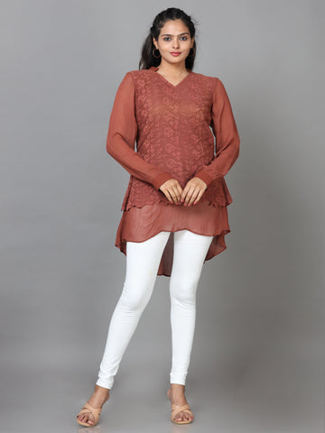 Brown Cuff Sleeve Georgette Embroidered Western Long Length Top