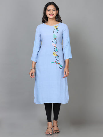 Blue 3/4 Sleeve Cotton Embroidered Straight Calf Length Kurta
