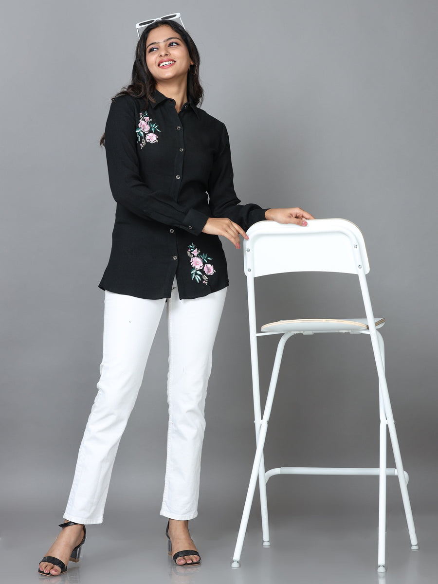 Black Cuff Sleeve Georgette Embroidered Western Standard Length Shirt
