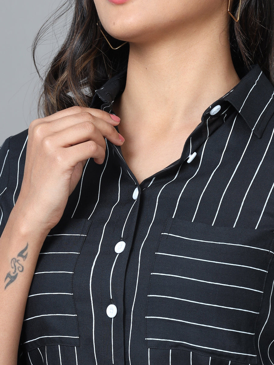 Black Half Sleeve Rayon Striped Western Long Length Shirt