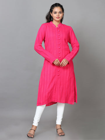 Pink Full Sleeve Cotton Solid Straight Calf Length Kurta