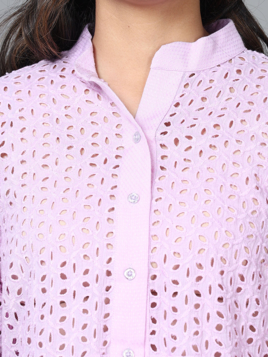 Purple Cuff Sleeve Schiffli Embroidered Western Standard Length Shirt