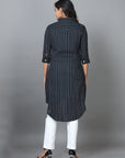 Black Half Sleeve Rayon Striped Western Long Length Shirt