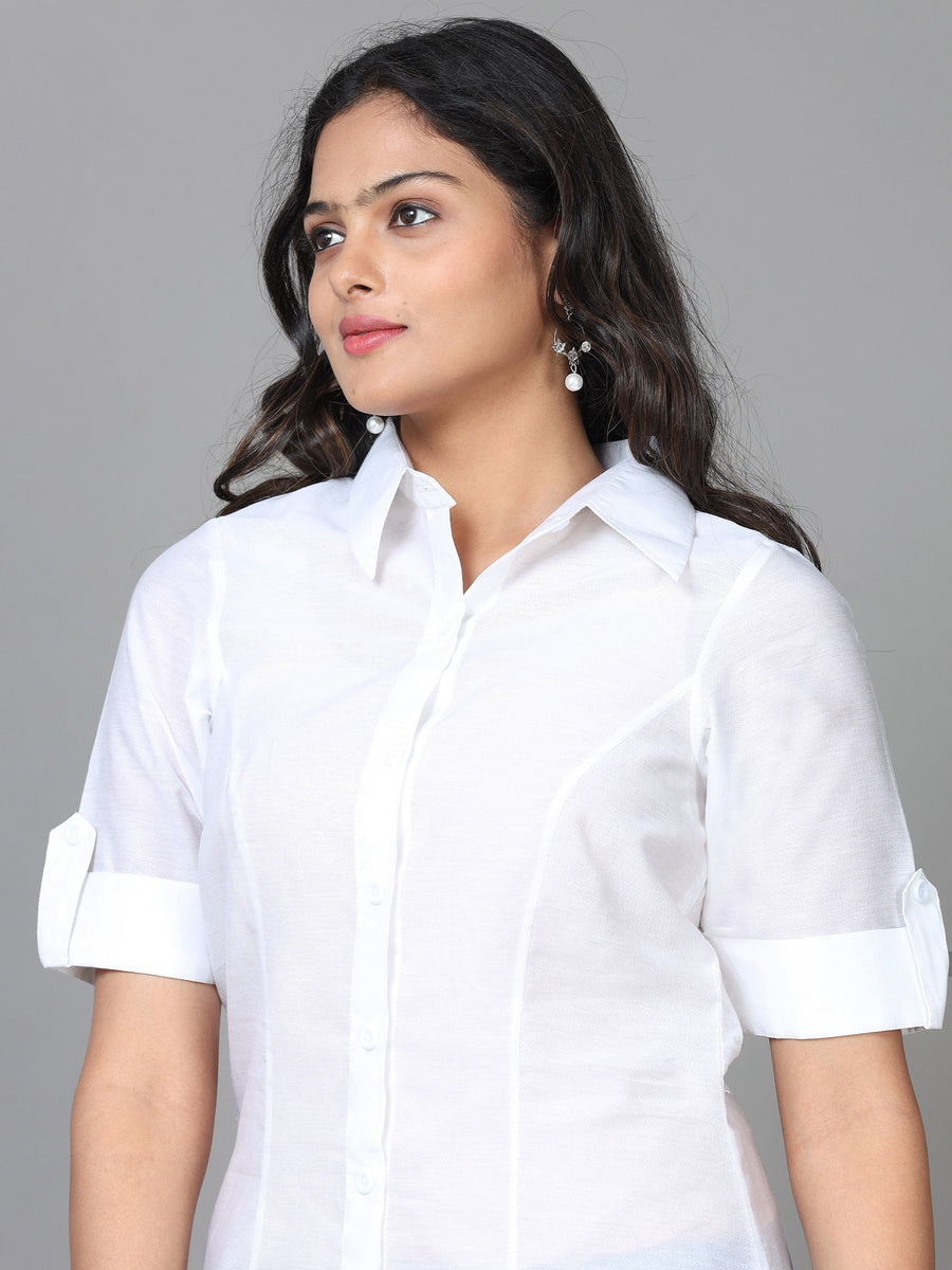 White Half Sleeve Tissue Solid Western Long Length Shirt