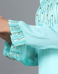 Turquoise Full Sleeve Organza Solid Straight Calf Length Kurta