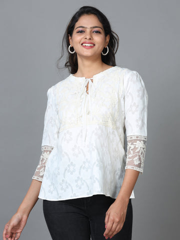 White 3/4 Sleeve Cotton Printed Western Standard Length Top