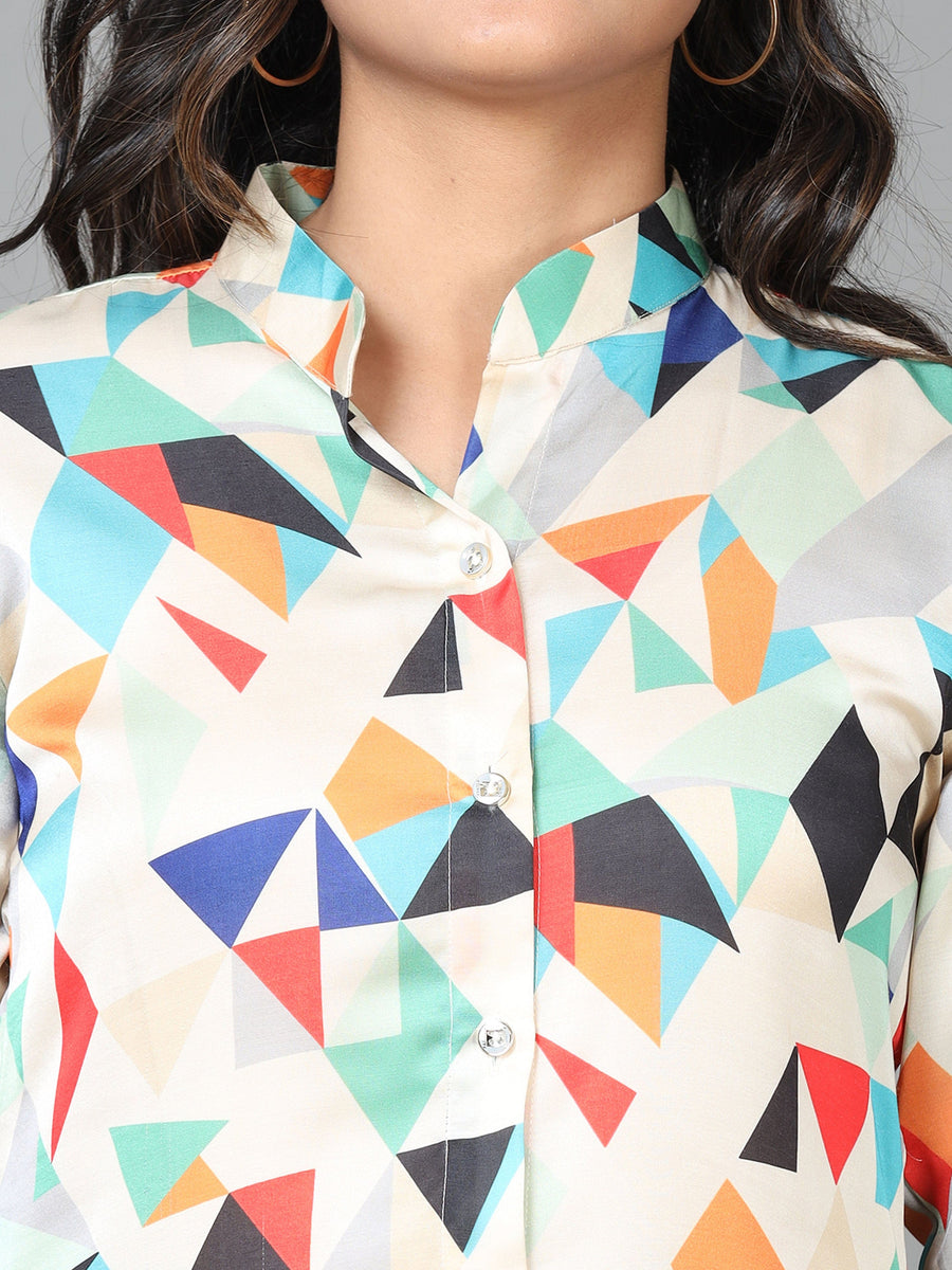 MultiColour Cuff Sleeve Crepe Colorblocks Western Long Length Shirt