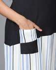 Black Short Sleeve Cotton Striped Straight Calf Length Kurta