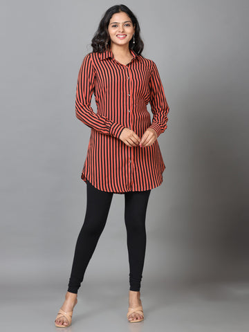Brown Cuff Sleeve Georgette Striped Western Long Length Shirt