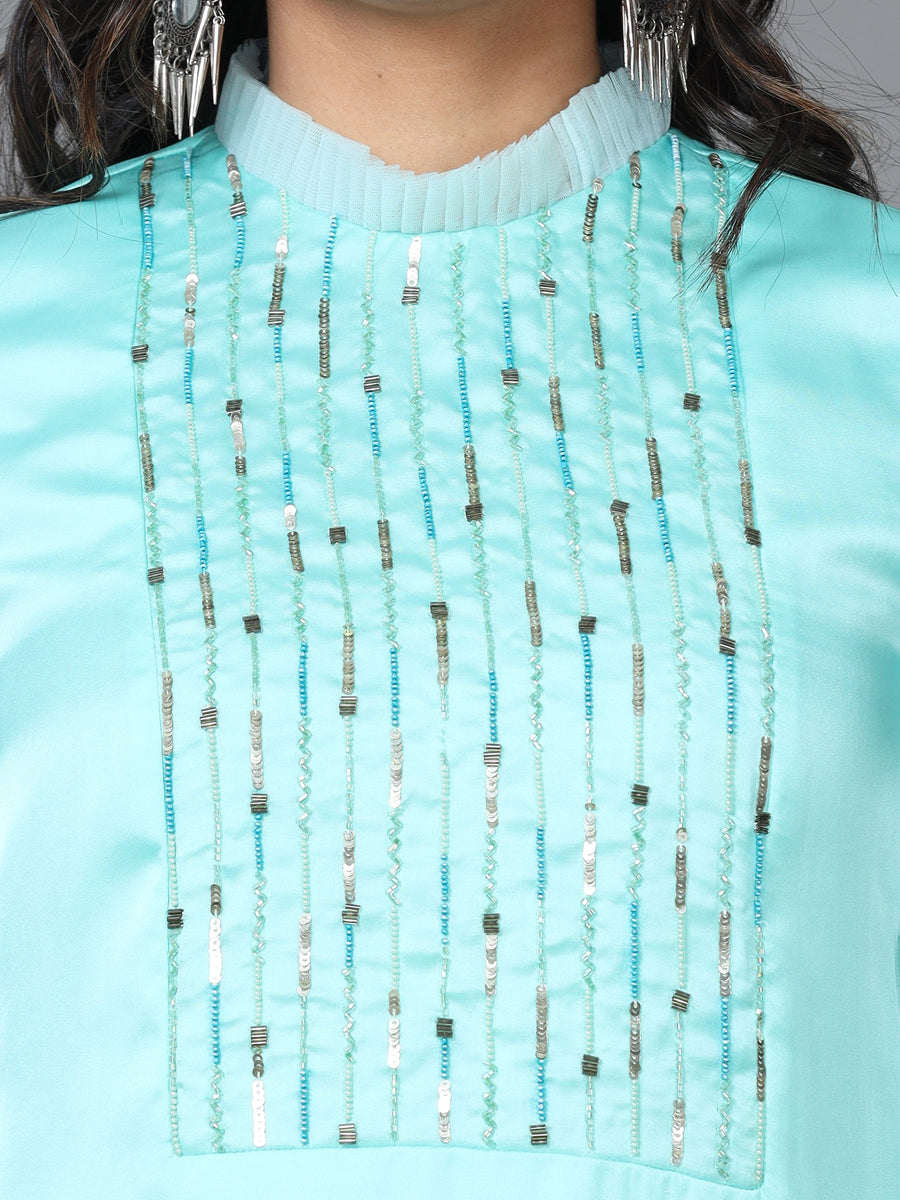 Turquoise Full Sleeve Organza Solid Straight Calf Length Kurta