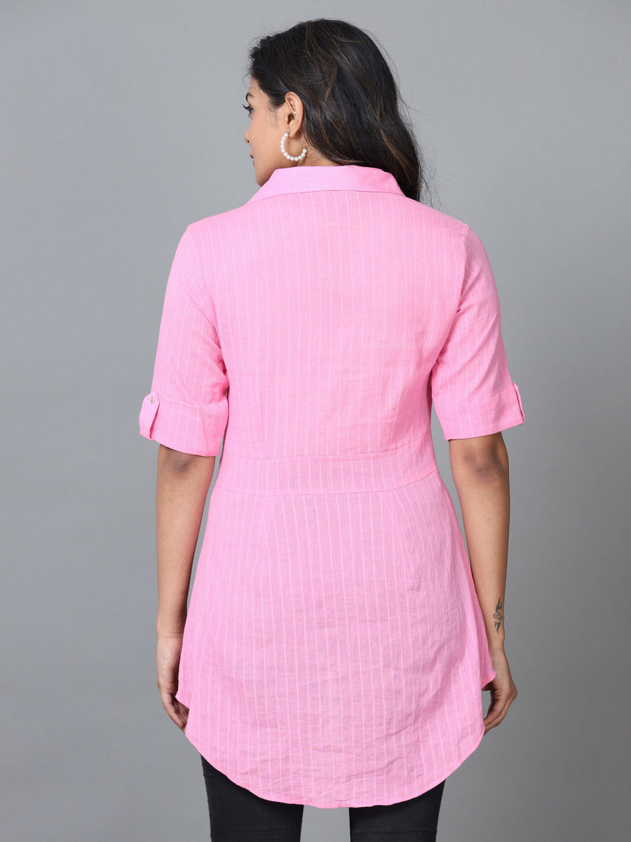 Pink Half Sleeve Cotton Striped Western Standard Length Shirt