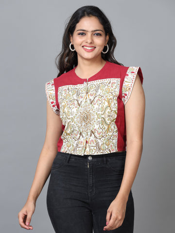 Red Sleeveless Cotton Printed Western Short Length Top