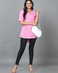 Pink Half Sleeve Cotton Striped Western Standard Length Shirt