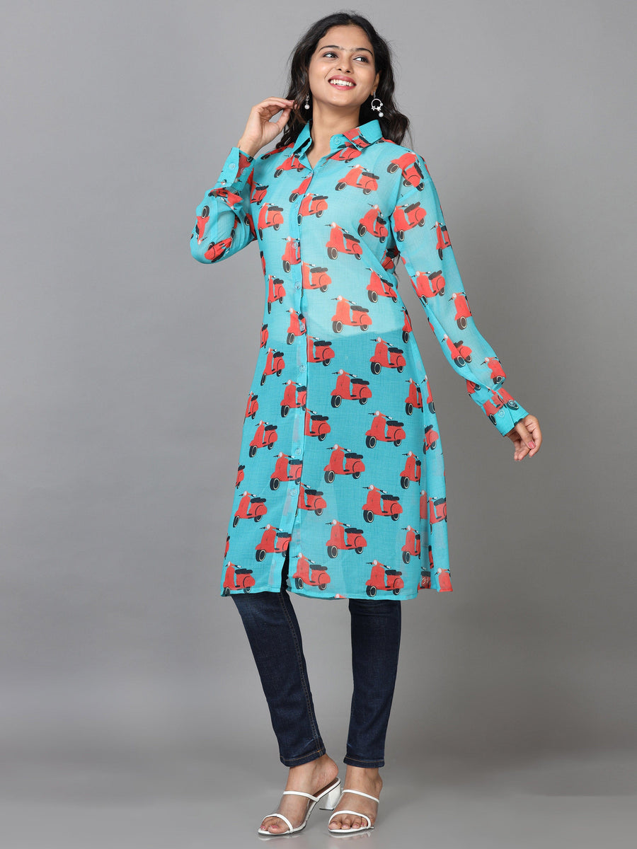 Turquoise Cuff Sleeve Georgette Printed Western Long Length Shirt