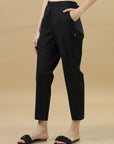 Black Cotton Solid Regular Ankle Length Pants