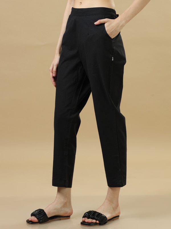 Black Cotton Solid Regular Ankle Length Pants