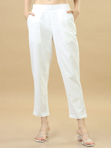 White Cotton Solid Regular Ankle Length Pants