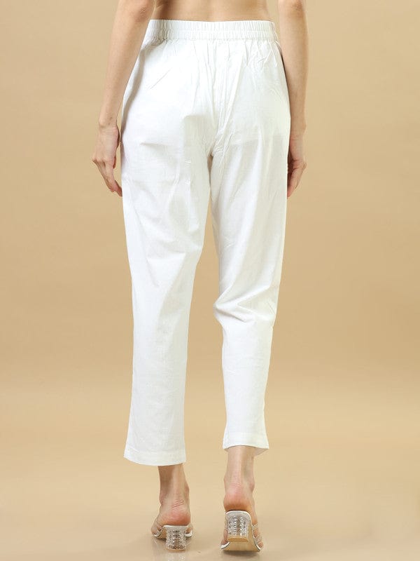 White Cotton Solid Regular Ankle Length Pants