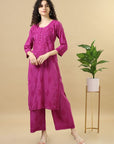 Purple 3/4th Sleeves Chanderi Chikankari Regular fit Calf length Kurta Set