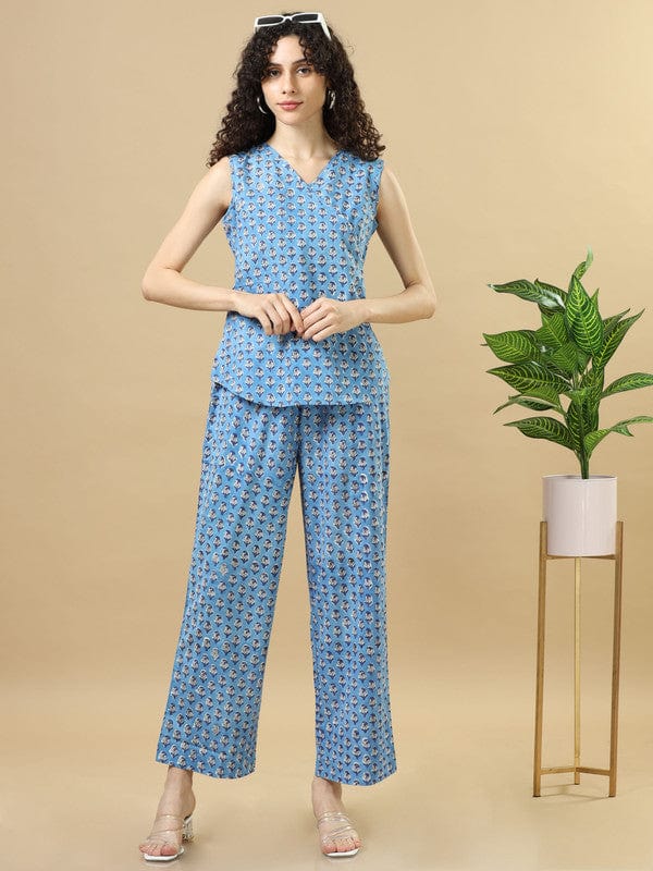 Blue Sleeveless Cotton Block Print Regular Fit Hip Length Co-Ords