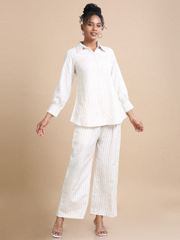 Cream Full sleeves Cotton Thread work and stripes Regular fit Hip length Co-Ords