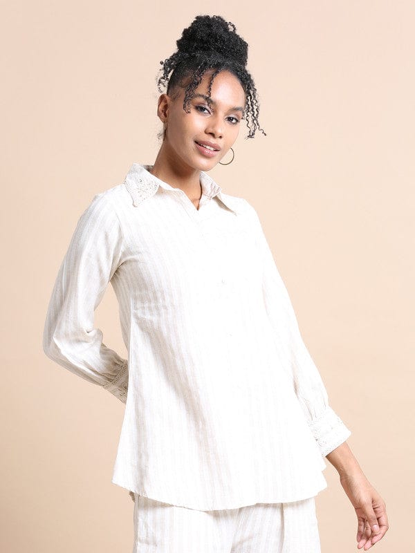 Cream Full sleeves Cotton Thread work and stripes Regular fit Hip length Co-Ords
