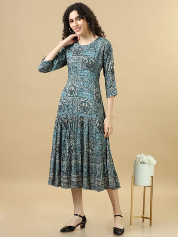 Indigo 3/4Th Sleeves Modal Cotton Mixed Prints Regular Fit Calf Length Dress